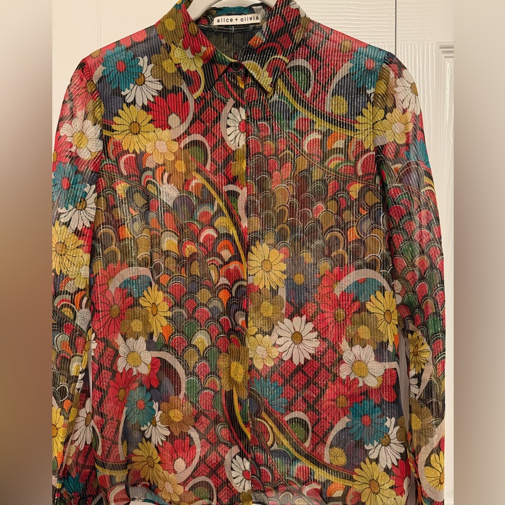 Alice + Olivia Multicolor Floral Sheer Button-Up Blouse